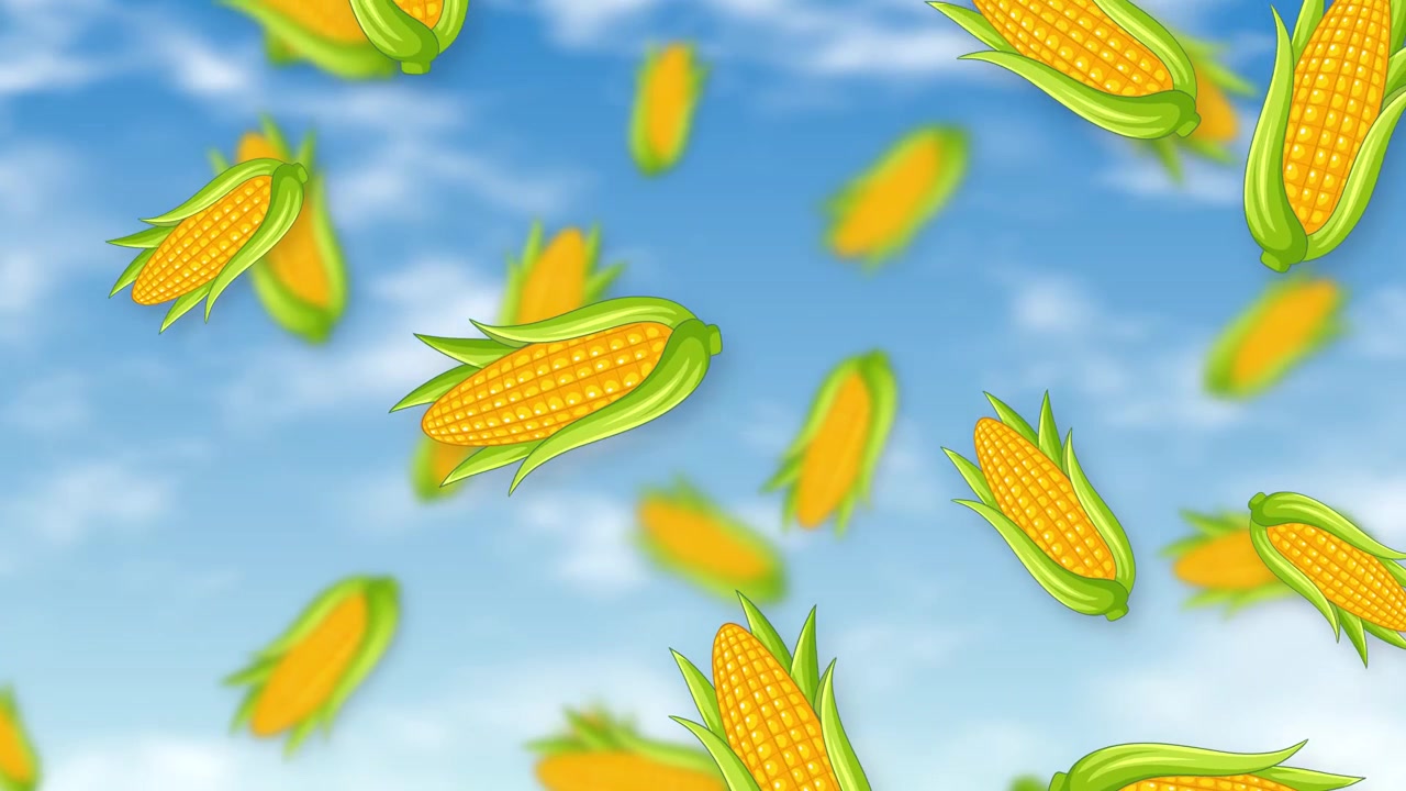 Stylized corn cobs fall continuously against a bright blue sky with soft white clouds.