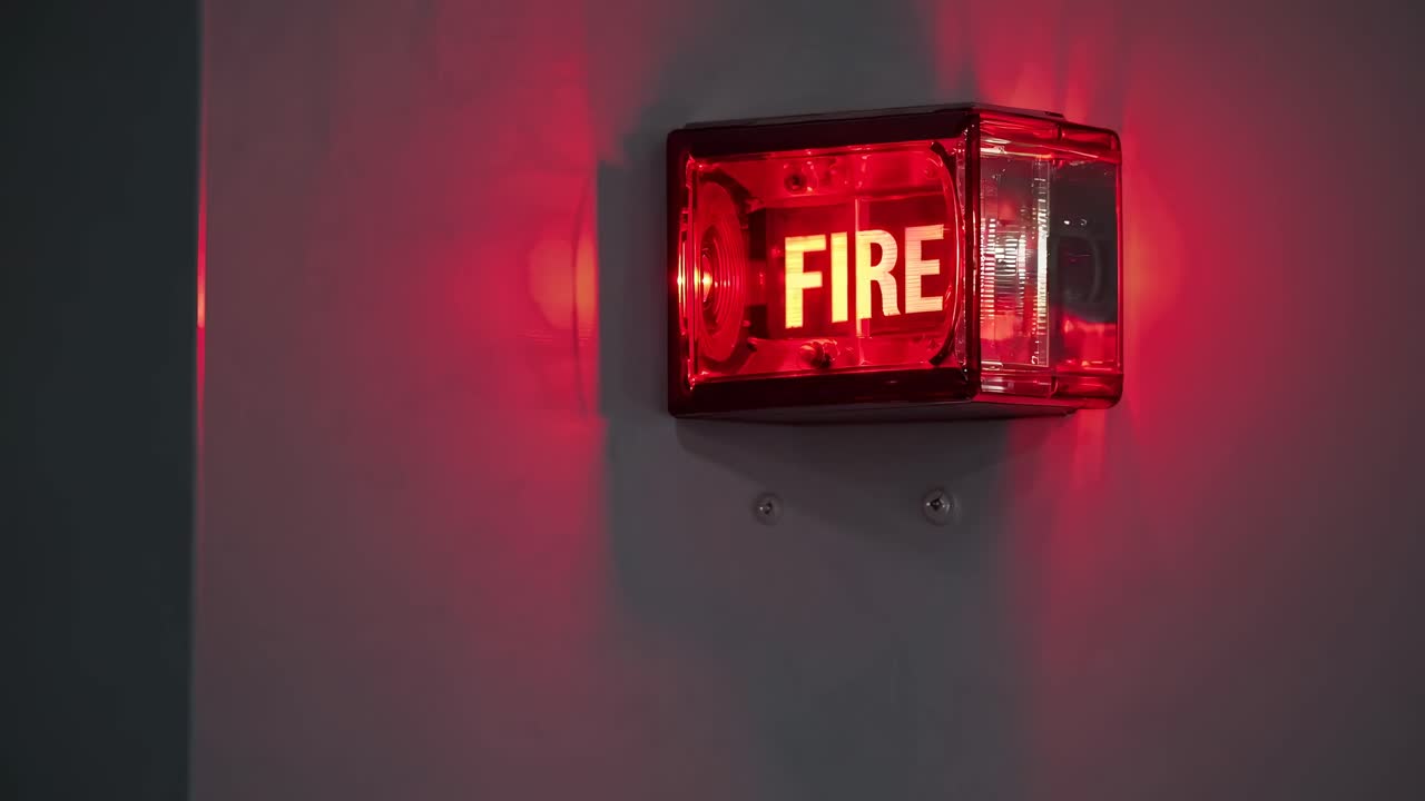 A low-angle shot of a hallway with a focus on a fire alarm