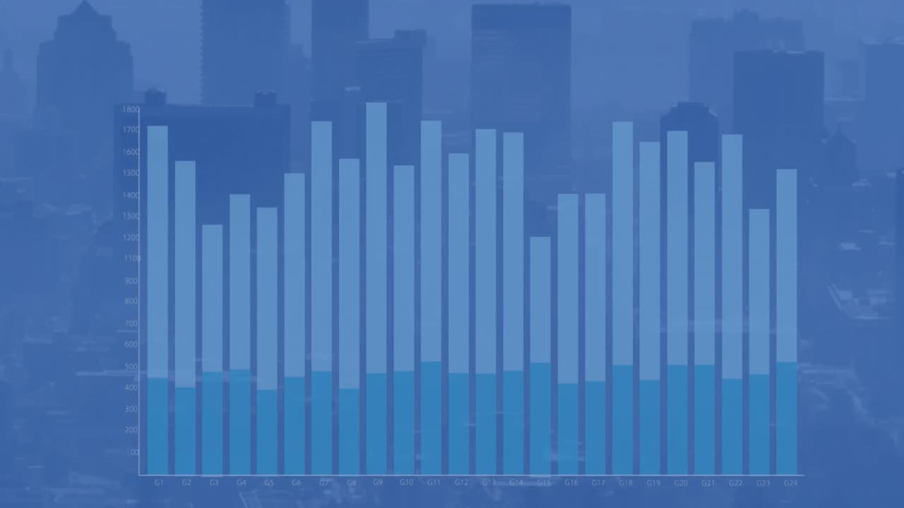 Animation af grafer, der bevæger sig over udsigt til moderne skyskrabere under byens himmel