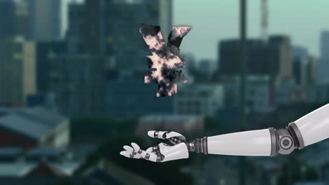 la mano del robot alcanzando hacia el símbolo del yen, animación de moneda digital sobre el paisaje urbano