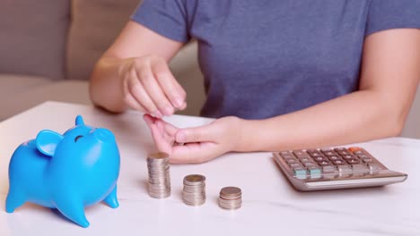 las mujeres usan calculadoras y ponen monedas de dinero en huchas azules con metáforas en blanco separan los tipos de dinero para gastar y ahorrar
