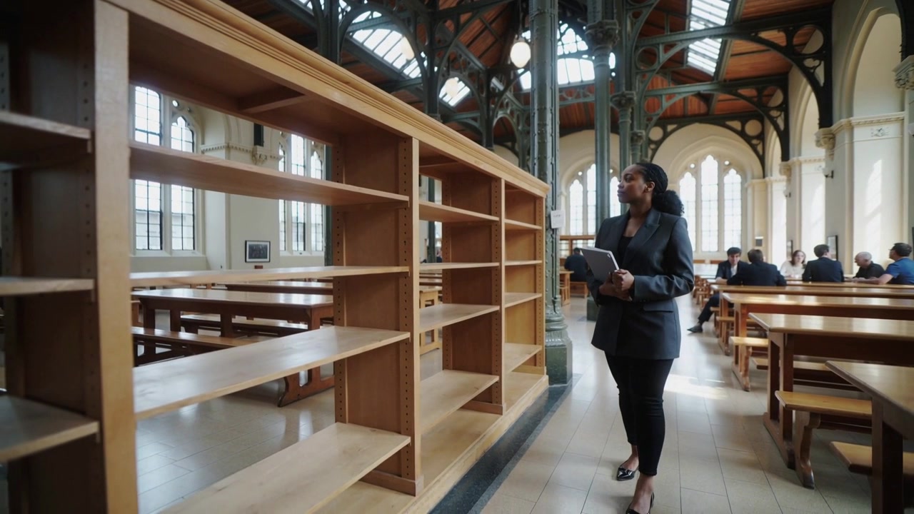 En kvinne i blazer med laptop kommer inn fra høyre, skanner tomme hyller og leter etter en bok i hallen, med plass til tekst.