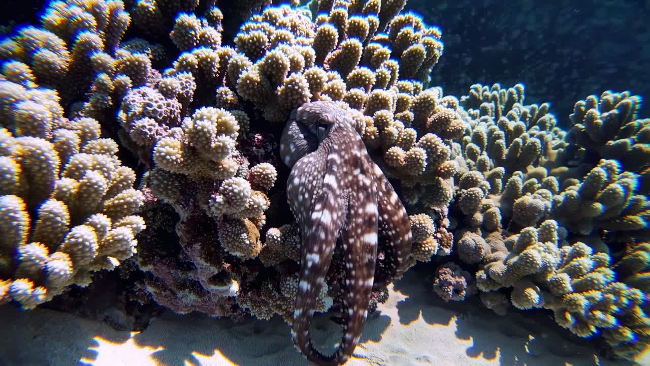 Beautiful octopus blending in with coral reef, creating a captivating underwater scene illuminated by sunlight filtering through the clear blue water