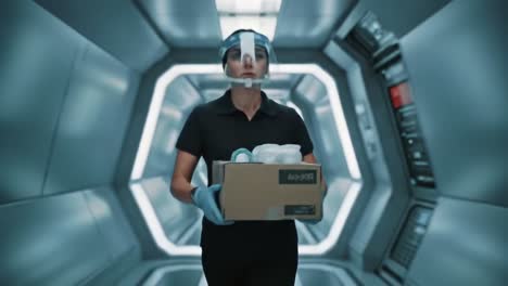 a determined individual in a futuristic corridor, dressed in protective gear and carrying a box, symbolizes the commitment to safety and order in advanced environments
