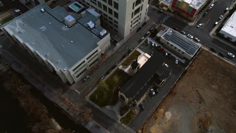 Aerial-View-of-Trinity-Episcopal-Cathedral-by-Truckee-River-in-Downtown-Reno-NV-USA