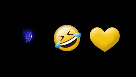 Laughing-face-emoji,-yellow-heart-and-number-nine-on-fire-icon-against-black-background