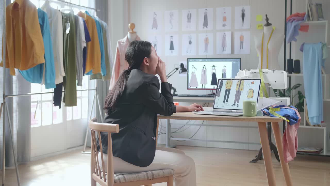 비즈니스 슈트를 입은 아시아 여성 디자이너가 스튜디오에서 노트북에서 옷을 디자인하는 동안 고 잠을 자고있는 뒷면.