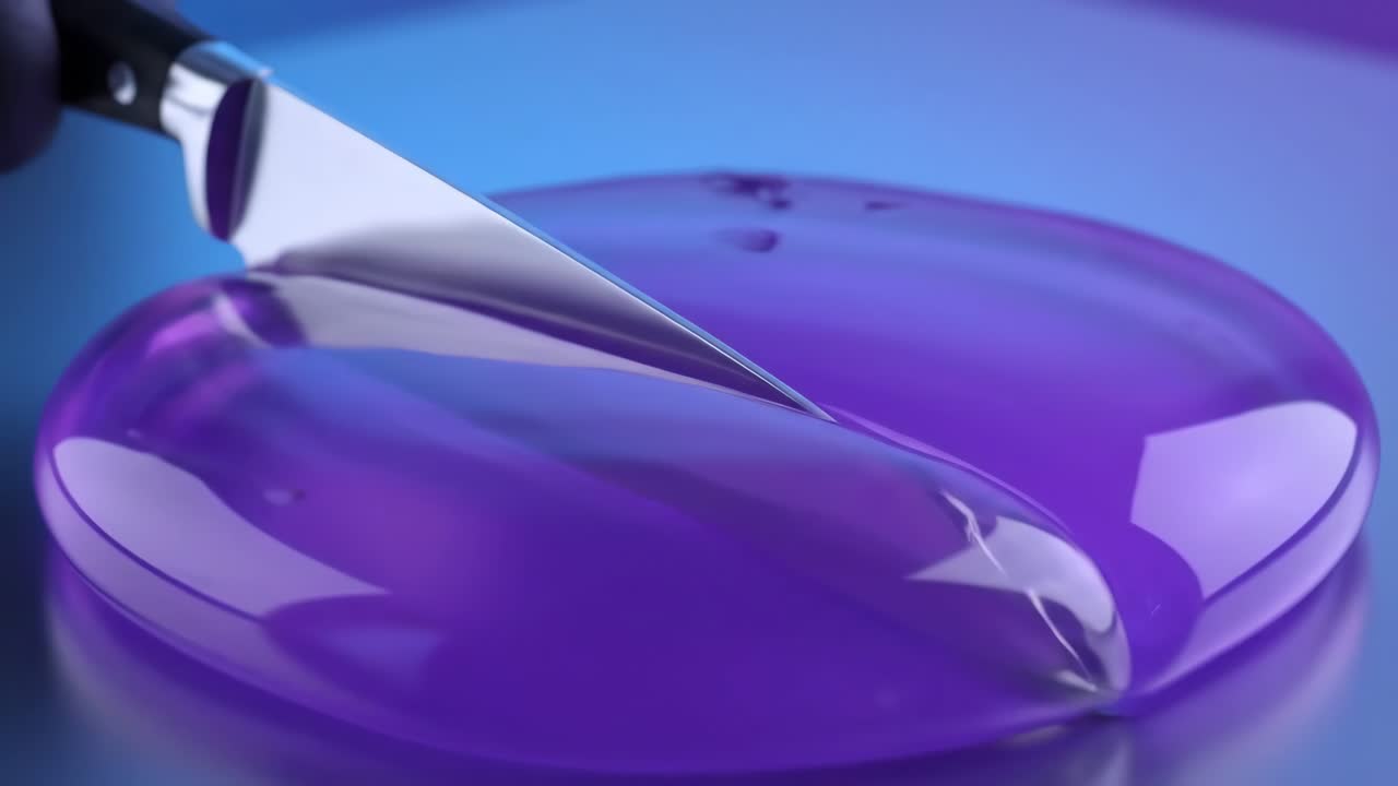 Purppuranväristä geeliä leikkaava veitsi
