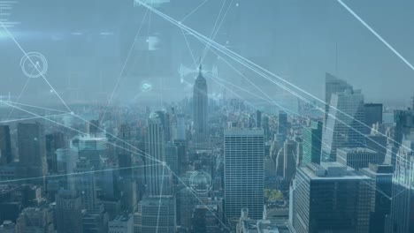 animation of network of connections and data processing against aerial view of cityscape
