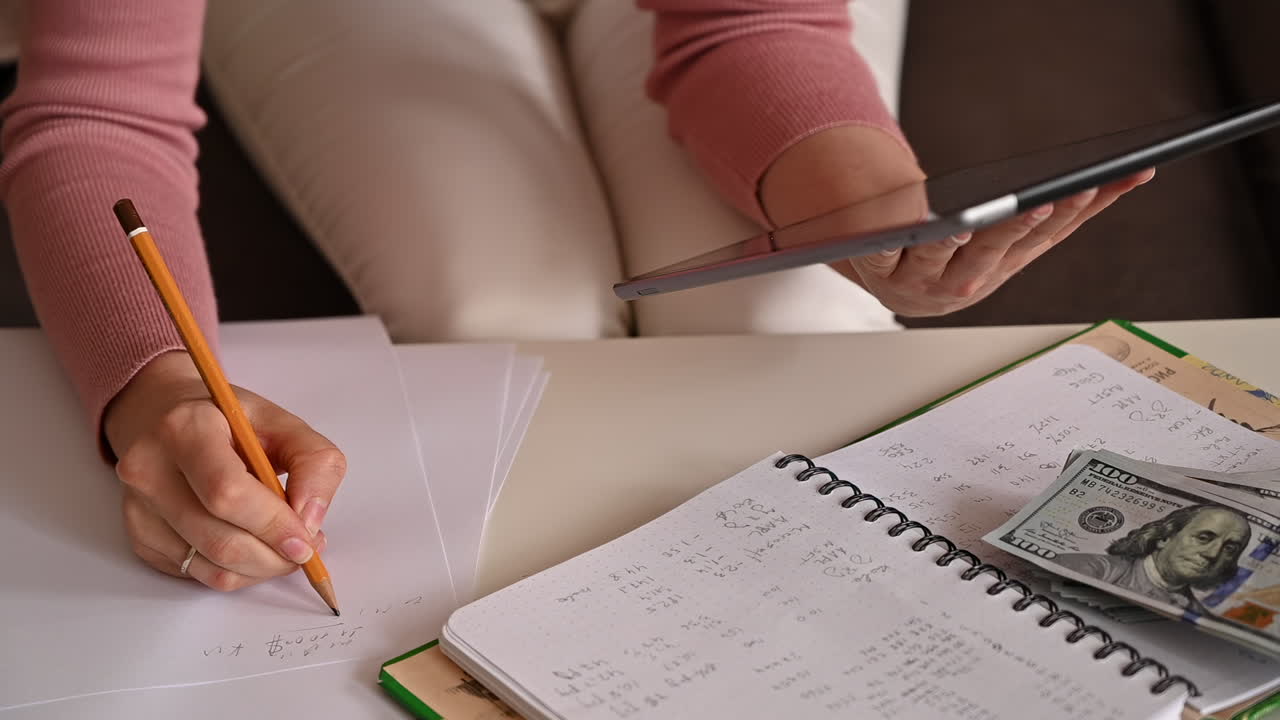 A woman writes calculations in a notebook while holding a tablet, surrounded by sheets of paper and dollar bills
