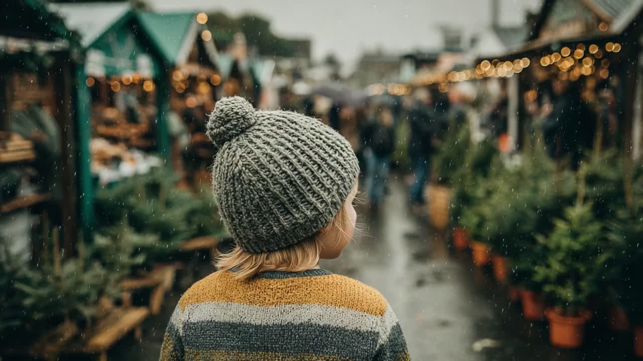 A Child Observes a Festive Market Filled with Greenery and Holiday Lights, Capturing the Joyful Atmosphere in a Rainy Setting