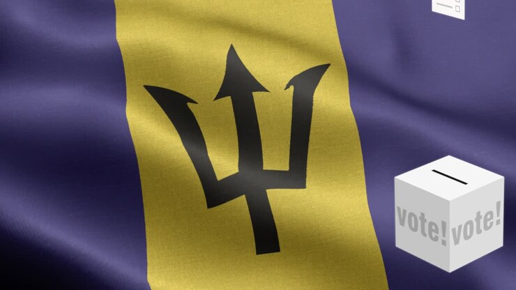 Ballots fly to box for Barbados selection - Ballot box in front of flag - Election - Vote - Flag Of Barbados - Barbados Flag High Detail - National flag Barbados wave Pattern loopable Elements - Fabric texture and endless loop