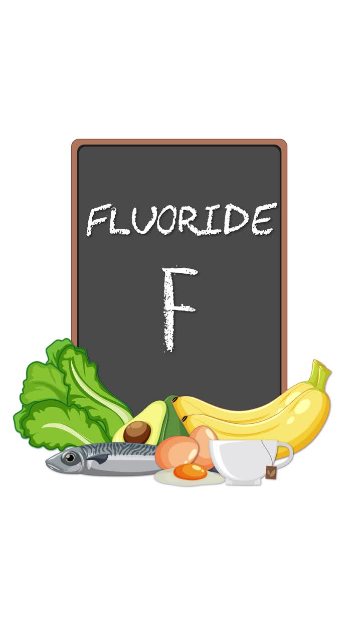 Lavagna verticale animata rivela il simbolo minerale del fluoro circondato da vari ingredienti alimentari ricchi di fluoro