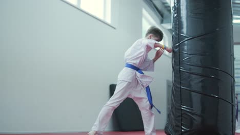 young martial artists in white gi and yellow belts practicing kudo techniques with focus and determination