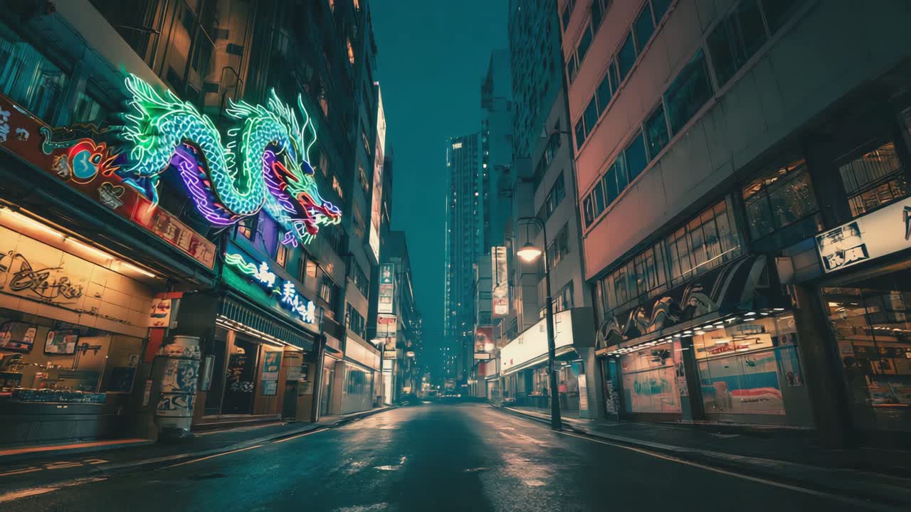 Urban cityscape at night with a neon dragon