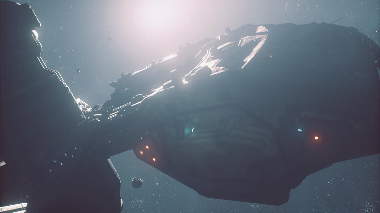 Spaceship exploring deep space with starry background and light effects