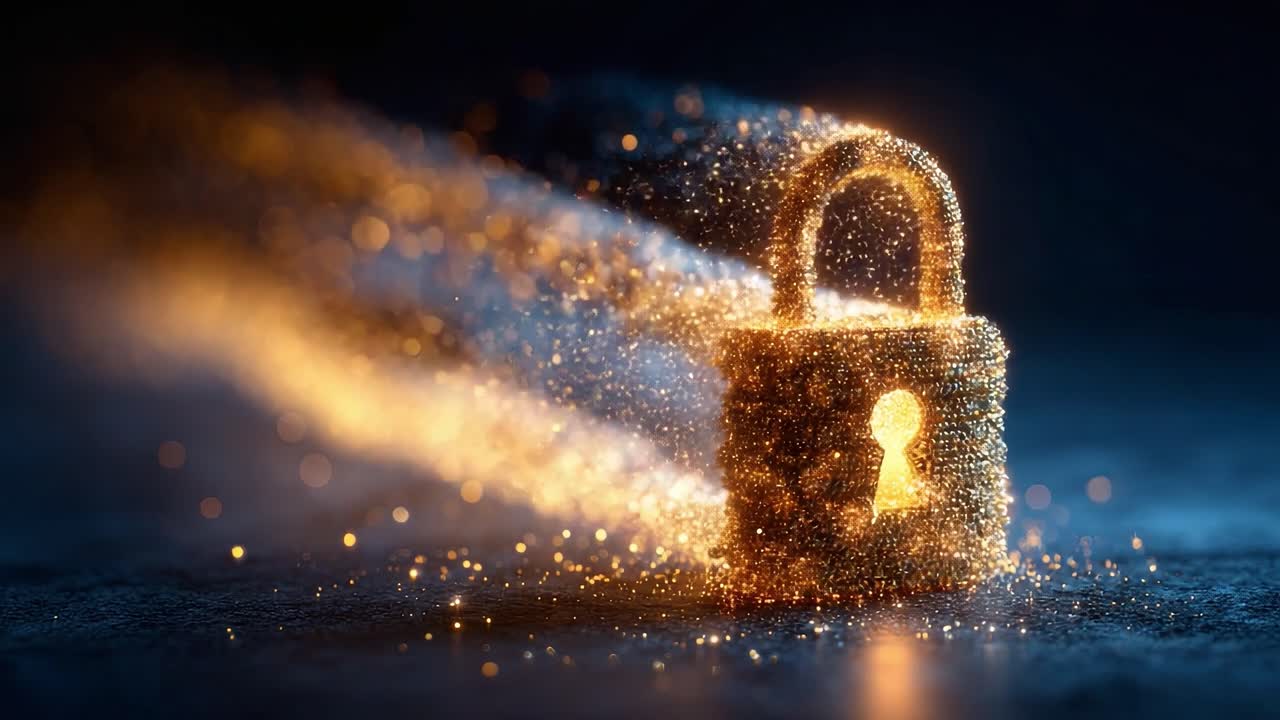 Ein schimmerndes Vorhängeschloss: Erkunde die Mystik von Sicherheit und Schutz durch ein atemberaubendes Bild eines beleuchteten, funkelnden Schlosses