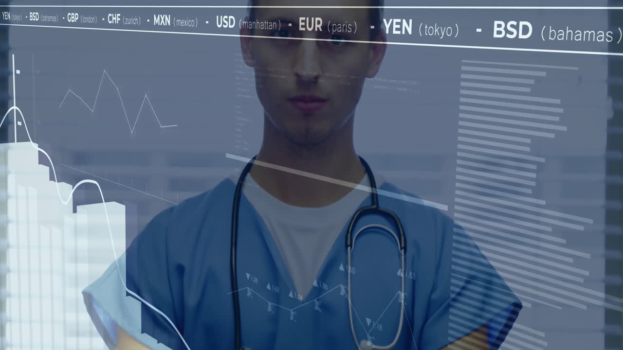Animation of financial data processing over biracial male doctor in hospital