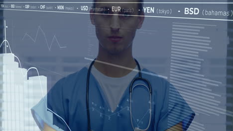 animation of financial data processing over biracial male doctor in hospital