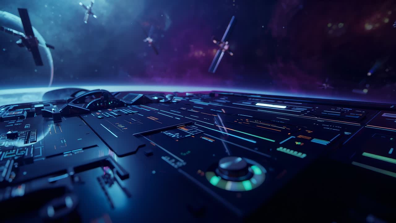 Gliding camera showing spaceship panel in low orbit above planet, with glowing dials and satellites