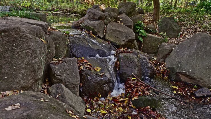 Water flows over a deliberate arrangement of large rocks, creating a small cascade in a forested, natural setting