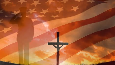 animation of crucifix and soldier silhouette saluting moving over american flag