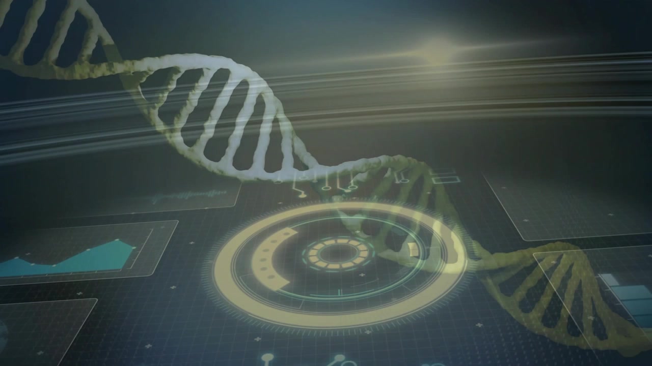 On HUD start stylized DNA helix gliding right rotating through color spectrum visualizing data flow