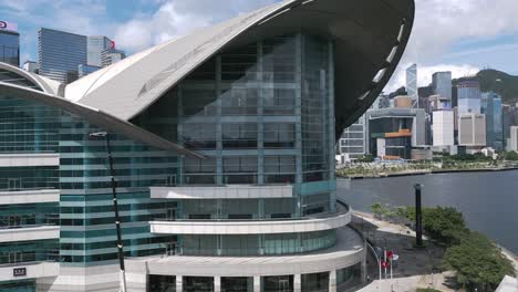 aerial of the hong kong convention and exhibition centre and city skyline, wan chai, hong kong, china