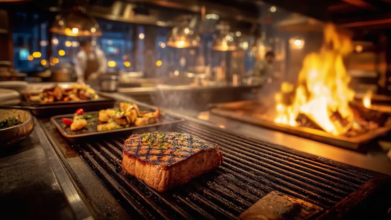 Oplev grillens kulinariske kunst: En saftig bøf syder på grillen midt i et travlt køkken, mens flammer danser i baggrunden.