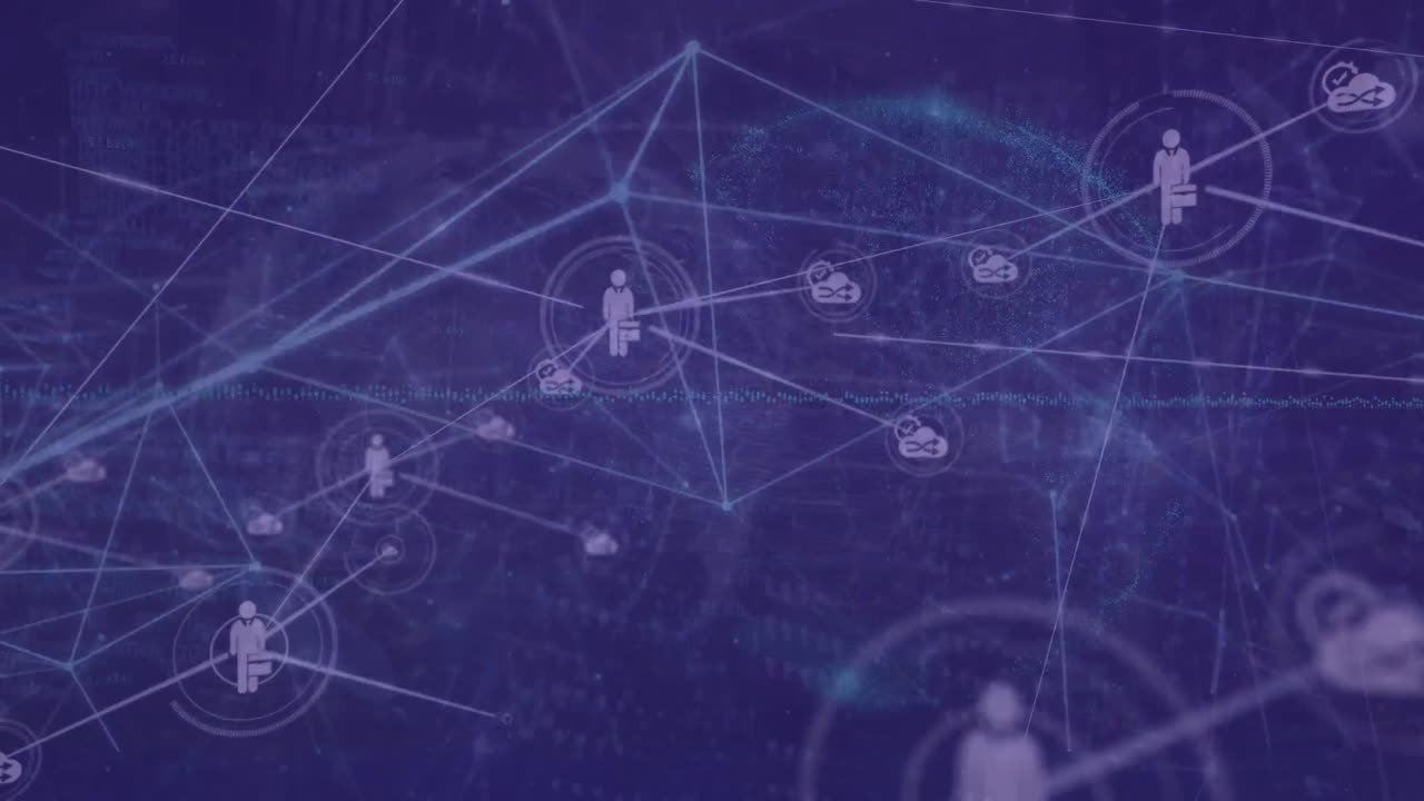 Animation of network of digital icons over spinning globe against purple background