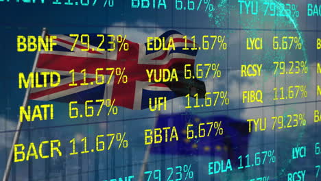 Animation-of-financial-data-processing-over-flag-of-eu-and-flag-of-uk