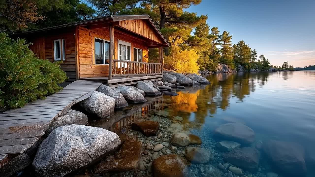 A wooden house sitting on the shore of a lake surrounded by rocks