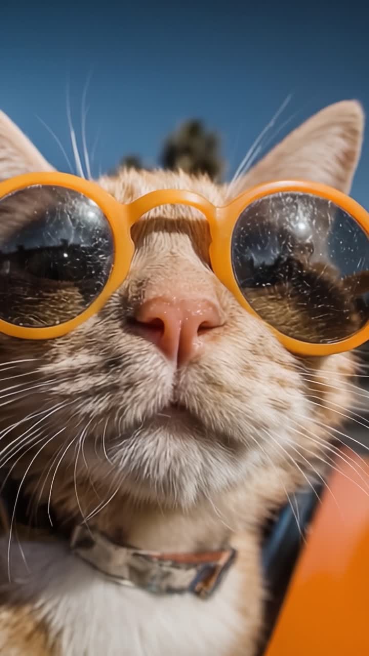 Kucing Menawan Berkacamata Hitam: Seekor Kucing Bergaya Menikmati Hari yang Cerah dengan Sikap dan Gaya, Diabadikan dalam Bidikan Close-Up