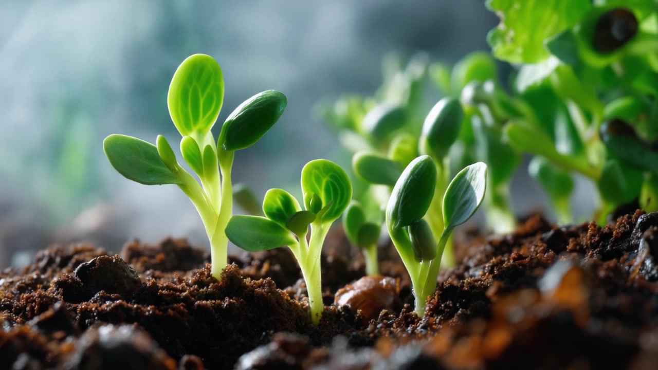 Nuova crescita di piante nel terreno: Uno sguardo ravvicinato a piantine che emergono da terra ricca in una scena di giardino fresca e vivace con illuminazione soffusa e umidità.