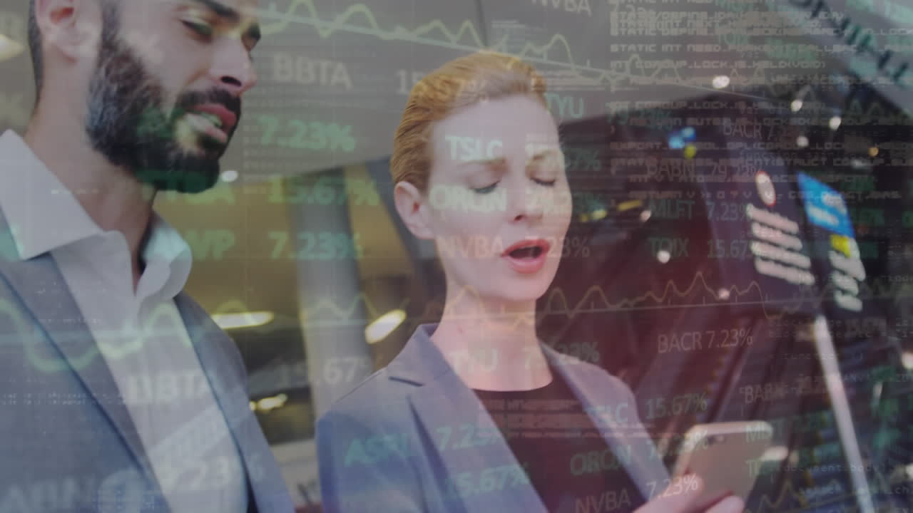 Animation of stock market data processing over diverse businessman and businesswoman discussing