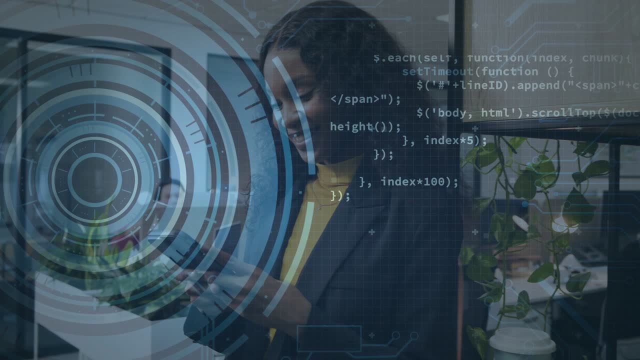 Business woman reaching cup, tapping phone checking texts, code HUD visible while camera zooming in