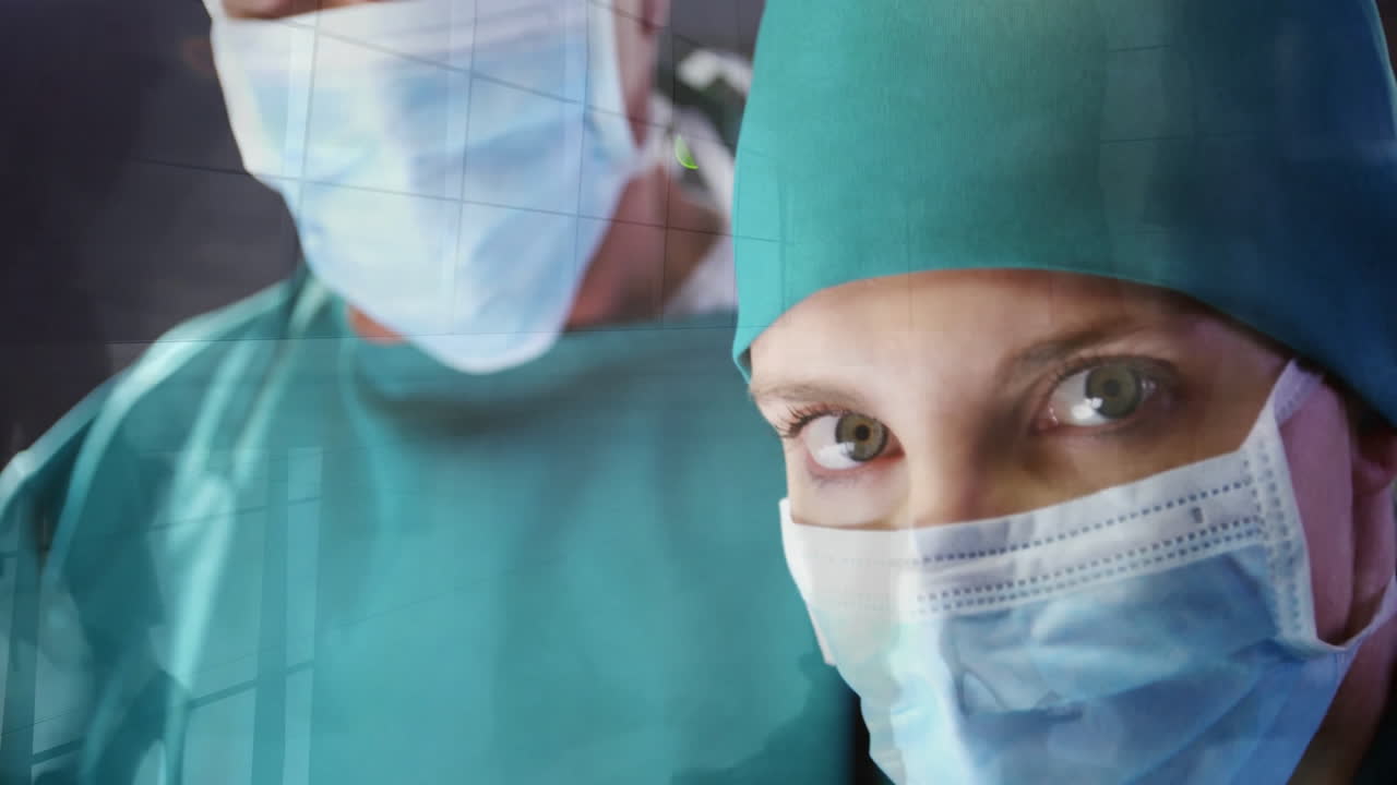 Medical professionals wearing masks and scrubs over healthcare animation