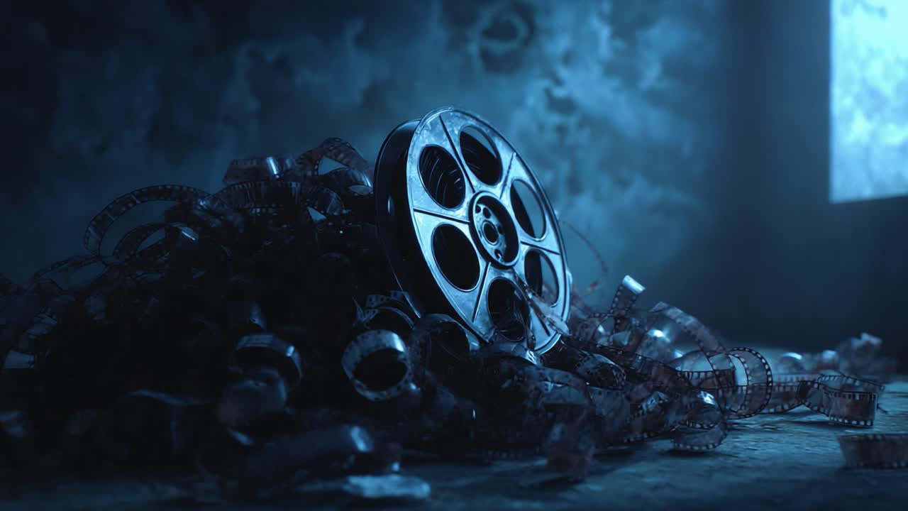 A Forgotten Film Reel Amidst a Tangle of Vintage Movie Strips, Highlighting the Passage of Time and the Art of Cinema in a Dimly Lit Atmosphere