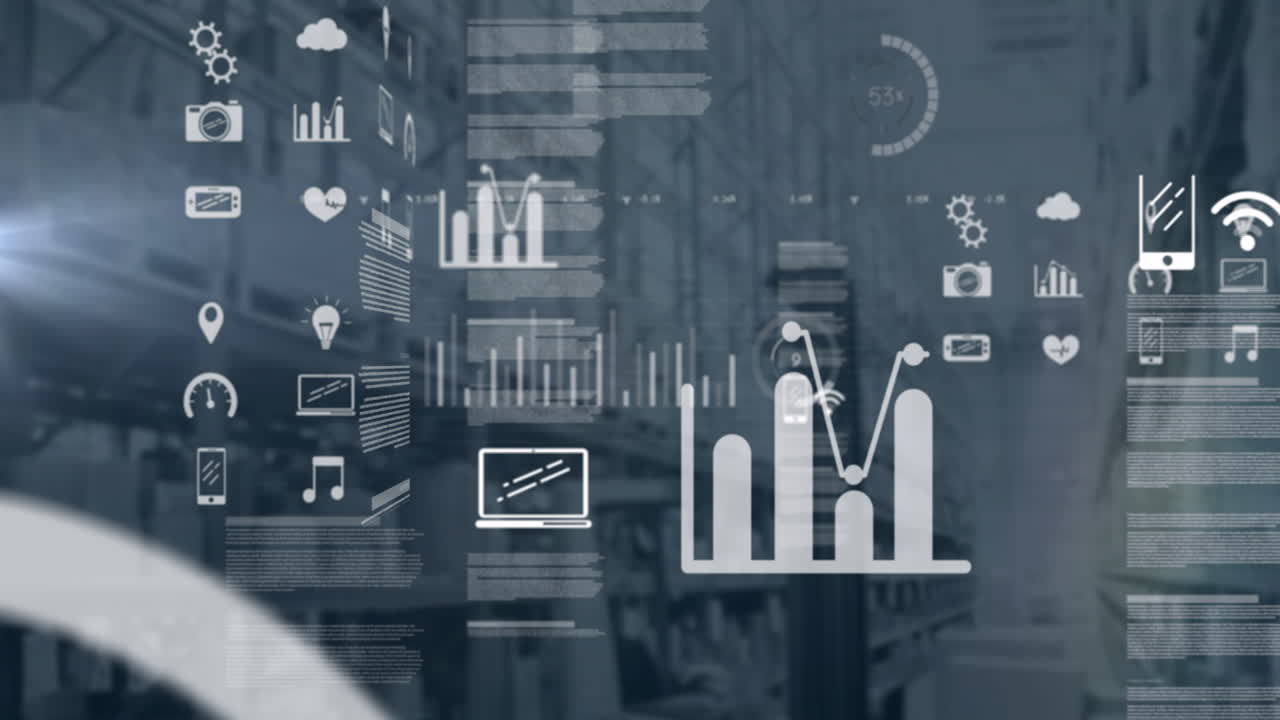 Analyser af digitale data og grafer på et industrilager med animationsbaggrund.