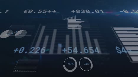 animation of statistics and financial data processing on blue background
