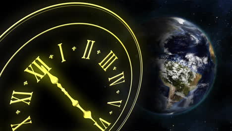 animation of clock showing midnight and globe on black background