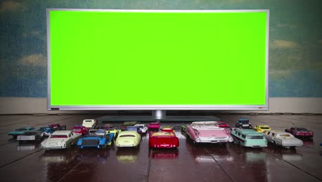 retro toy cars drive in movie with green screen