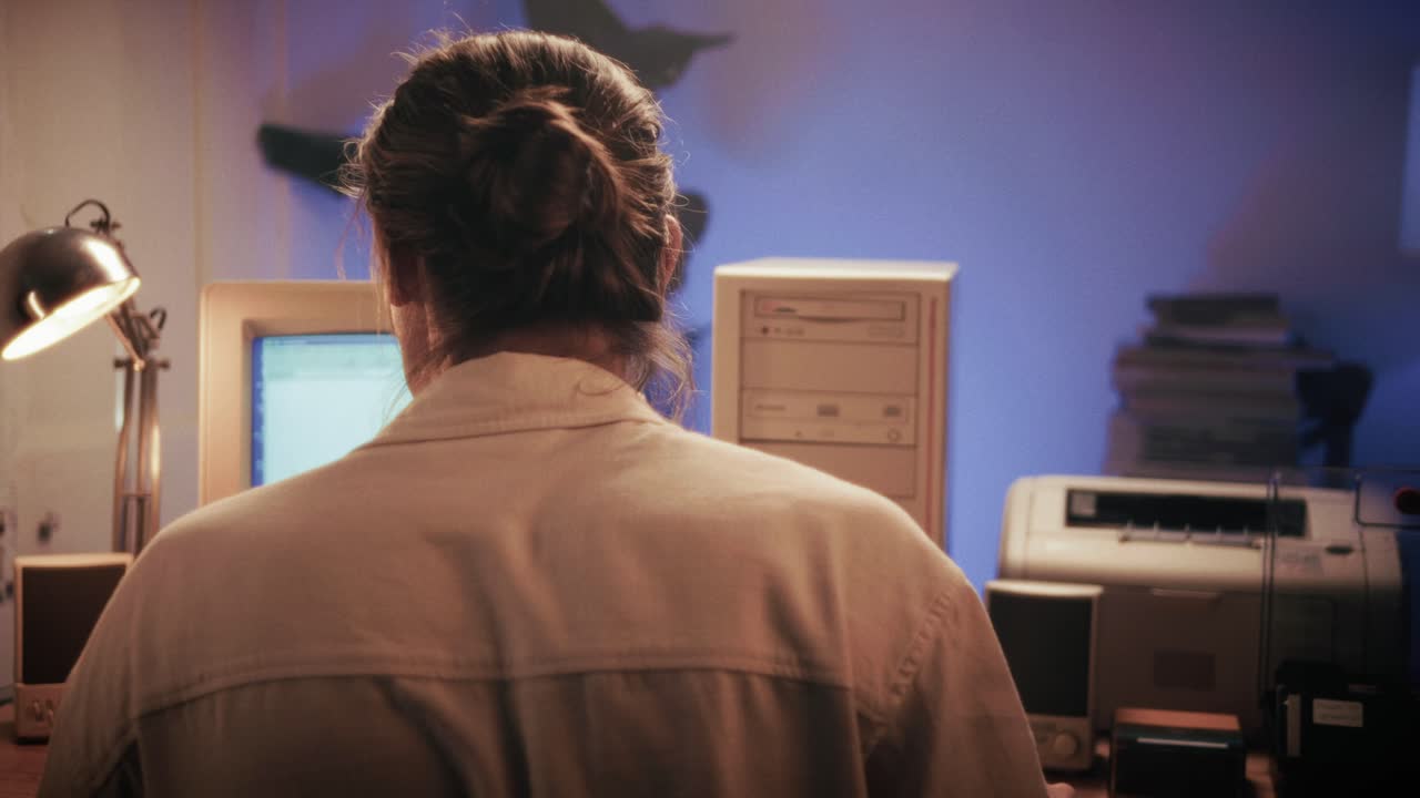 Man working and gaming on retro computer PC, IT engineer with vintage computer at home, using old fashion technology, close up of retro setup.