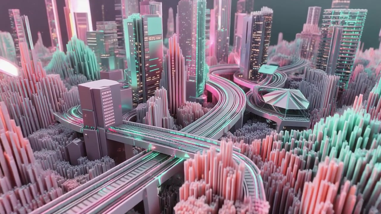 Futuristic Voxel Cityscape with Moving Trains and Highway Infrastructure
