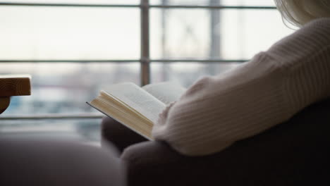 close-up side view of a young lady reading a book, with a blurred winter background, she appears focused and relaxed in a cozy indoor setting, with snow visible outside the window