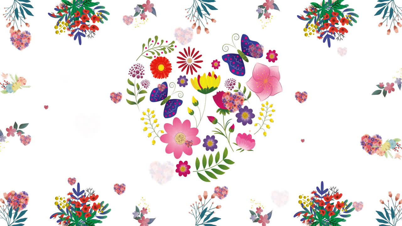 바탕에 움직이는 꽃 위에 여러 개의 꽃의 심장의 애니메이션