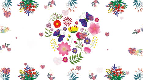 animation of multiple hearts of flowers over moving flowers on white background