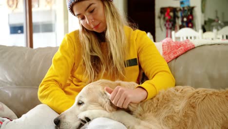 mujer acariciando a su perro en el sofá en casa 4k