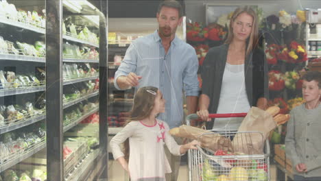 animation of financial data over happy caucasian family shopping at market