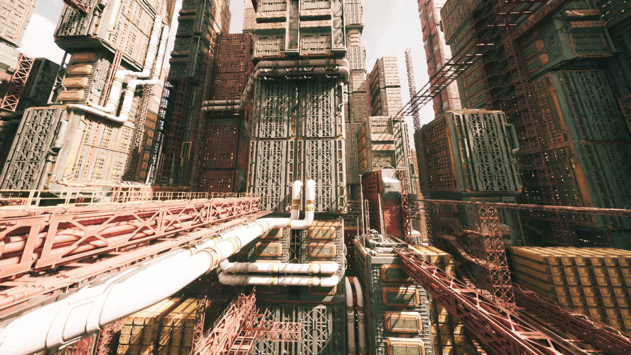 Enormous gateway accented by tall scaffolds and artistic metal features